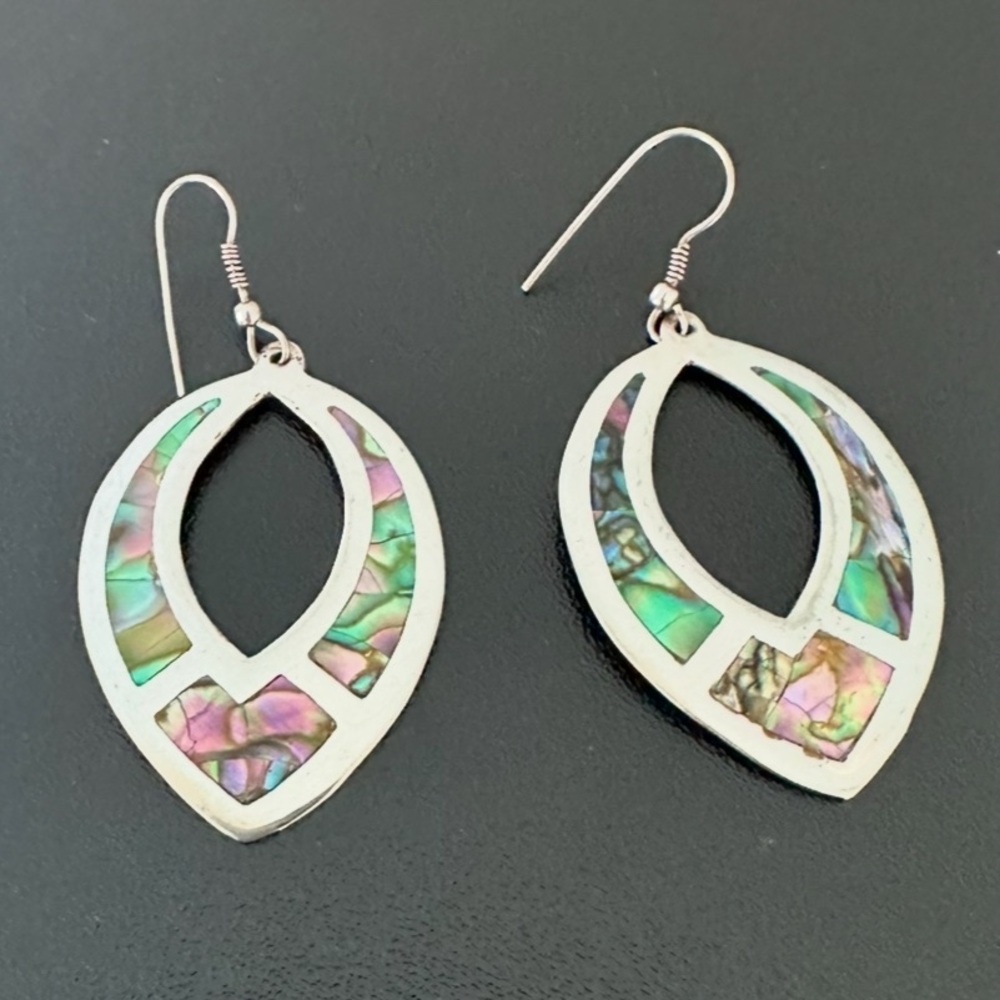 80’s Alpaca Mexico Silver and Abalone Shell Inlay Dangle Earrings